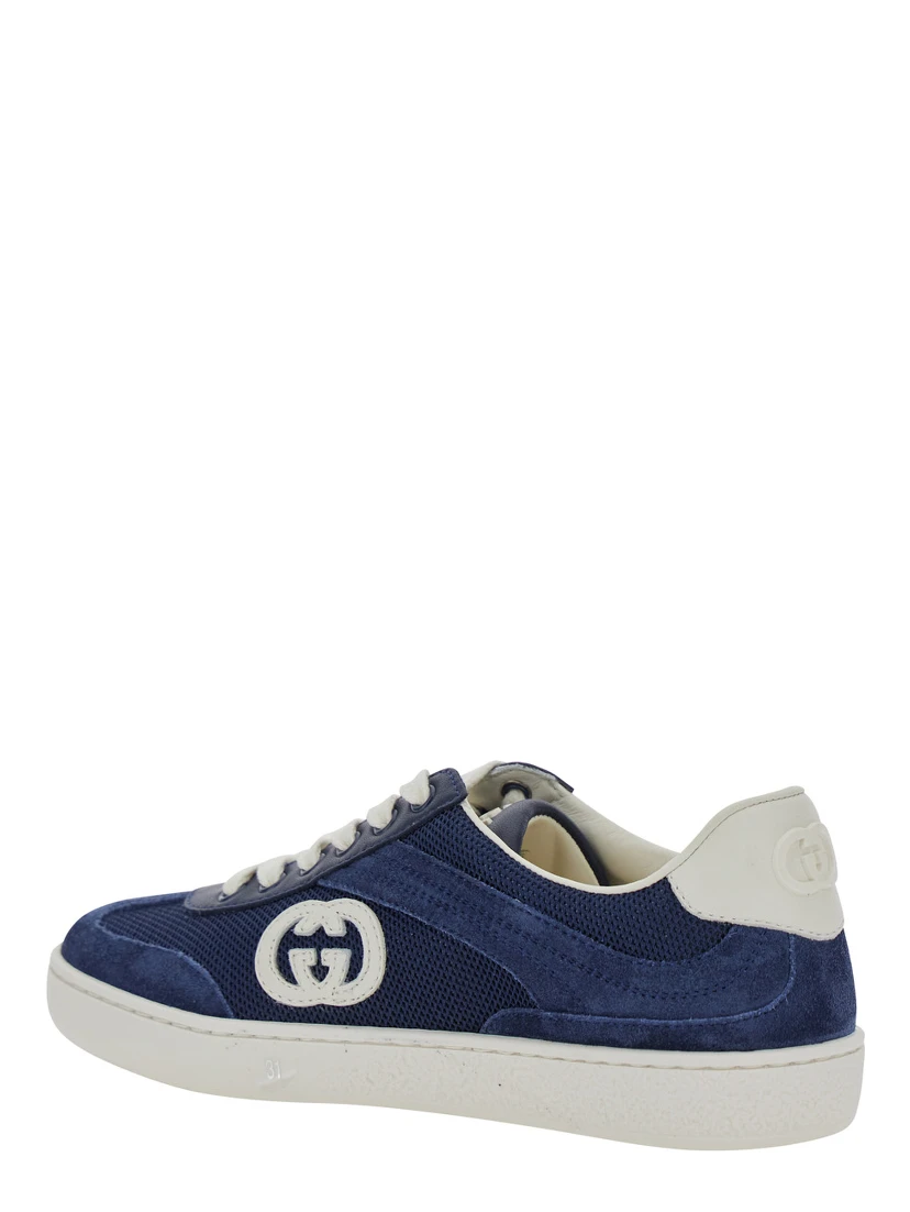 Blue Sneaker with GG Cross on the Side and Back in Suede and Fabric Boy