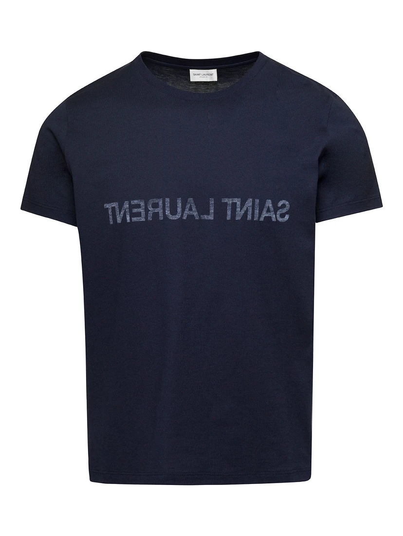 Blue Crewneck T-Shrt with Logo Print in Cotton Man