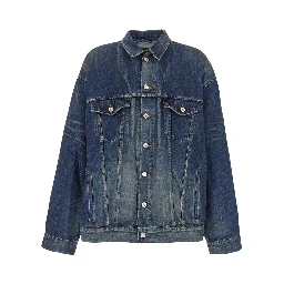 Blue Jacket with Classic Collar and Maxi Logo Print on the Rear in Denim Man