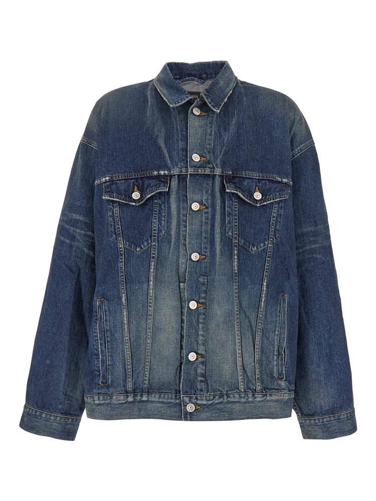 Blue Jacket with Classic Collar and Maxi Logo Print on the Rear in Denim Man