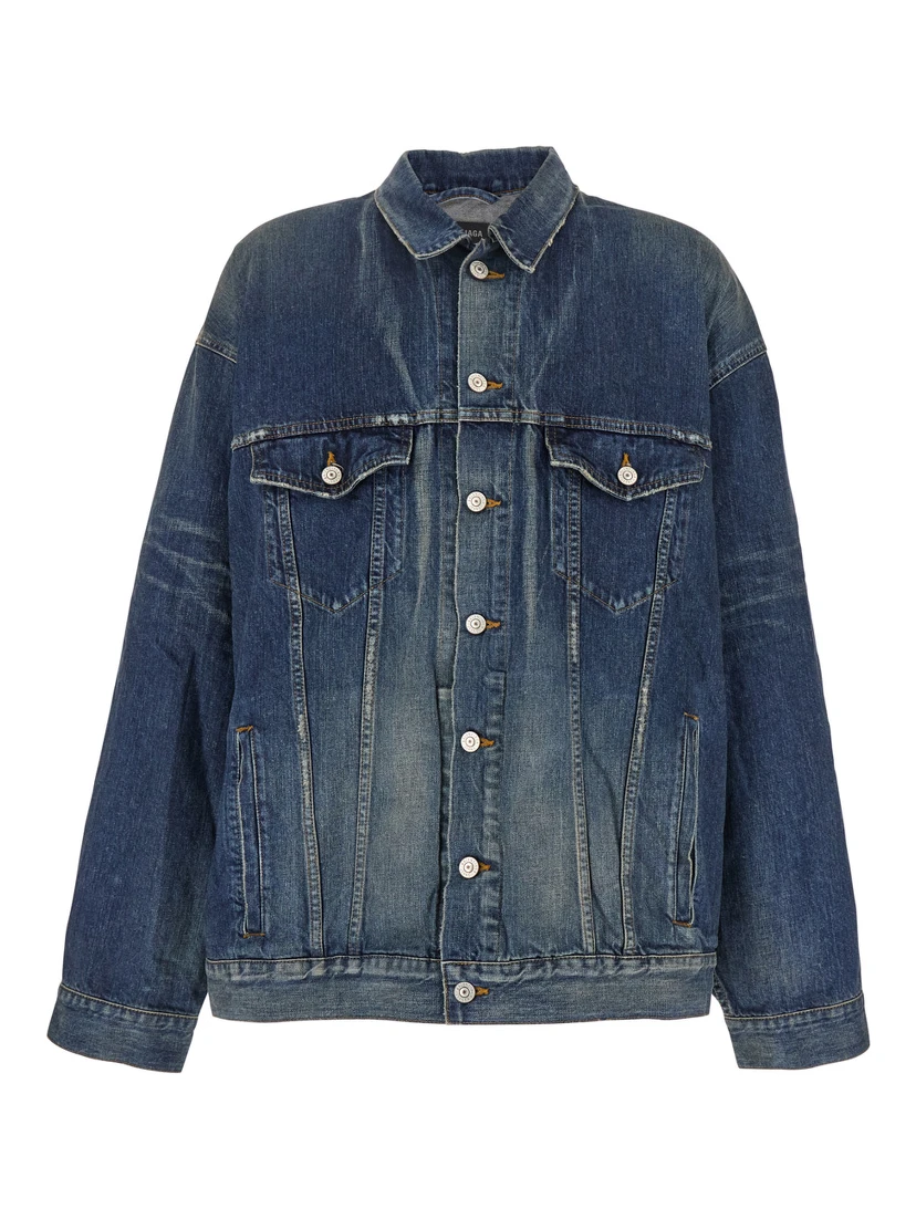 Blue Jacket with Classic Collar and Maxi Logo Print on the Rear in Denim Man