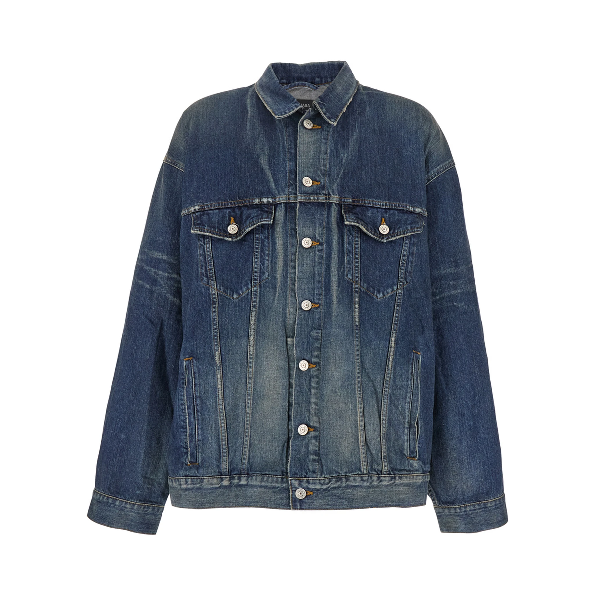 Blue Jacket with Classic Collar and Maxi Logo Print on the Rear in Denim Man