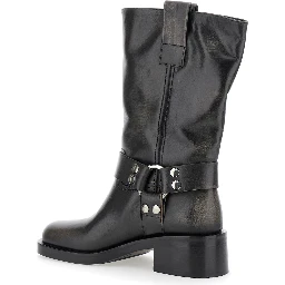 Black Ankle Boots with Studs and Ring in Leather Woman