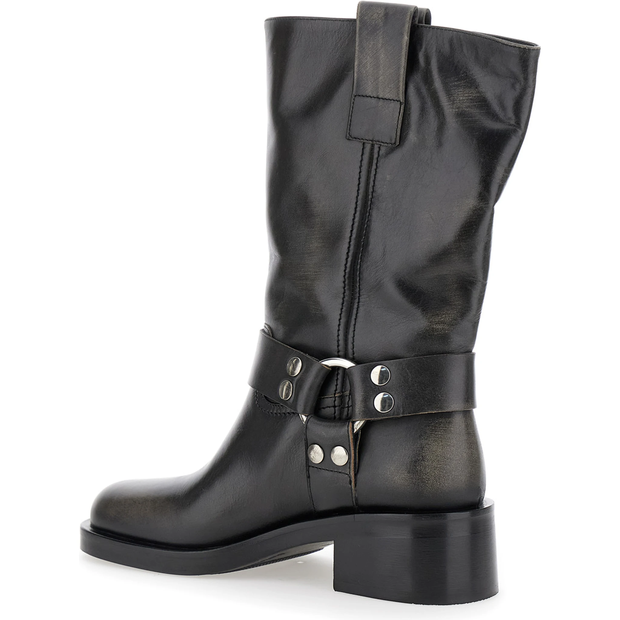 Black Ankle Boots with Studs and Ring in Leather Woman
