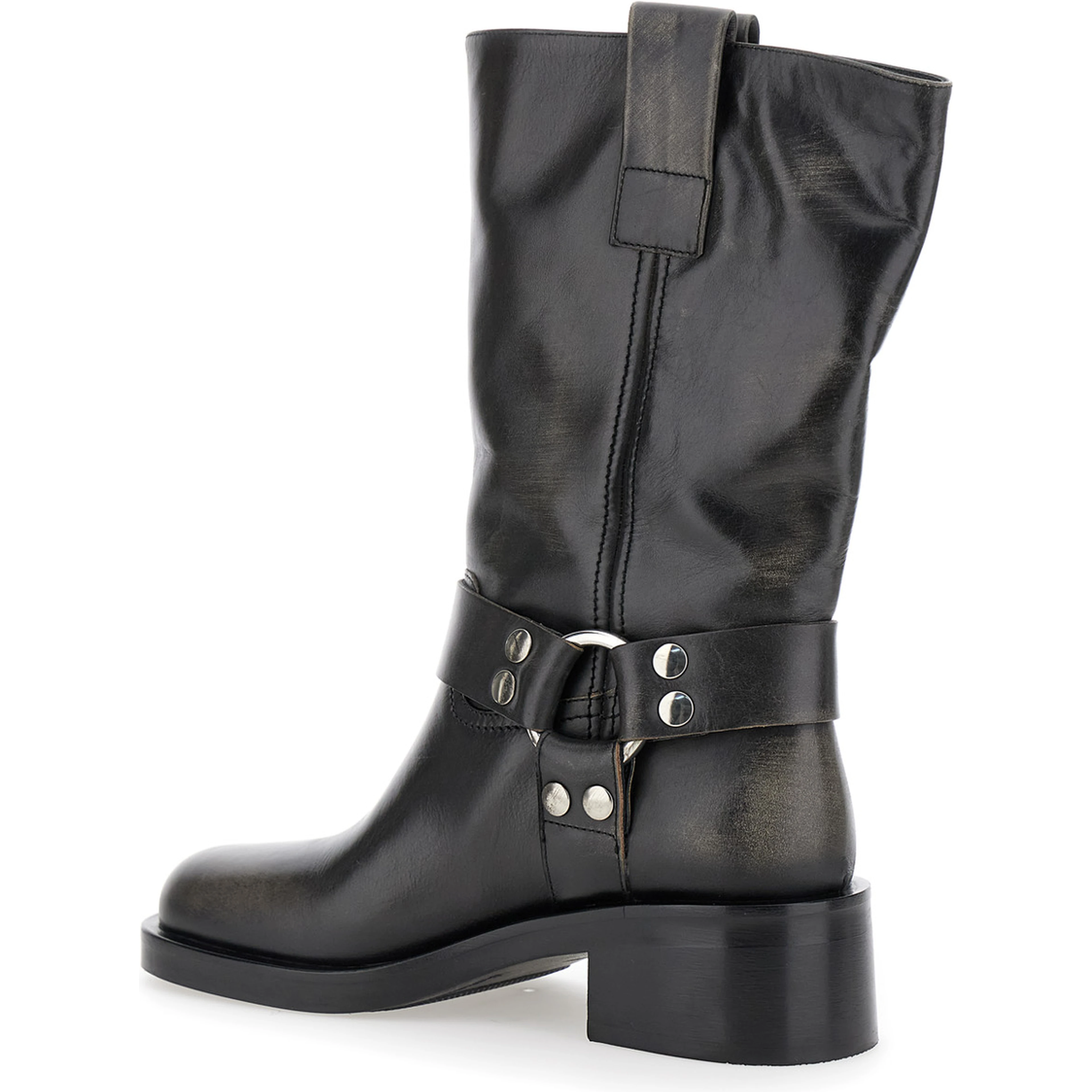 Black Ankle Boots with Studs and Ring in Leather Woman