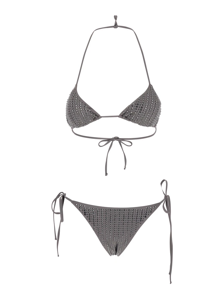 Grey Bikini with Triangle Design and All-Over Stud Decorations in Tech Fabric Womsn