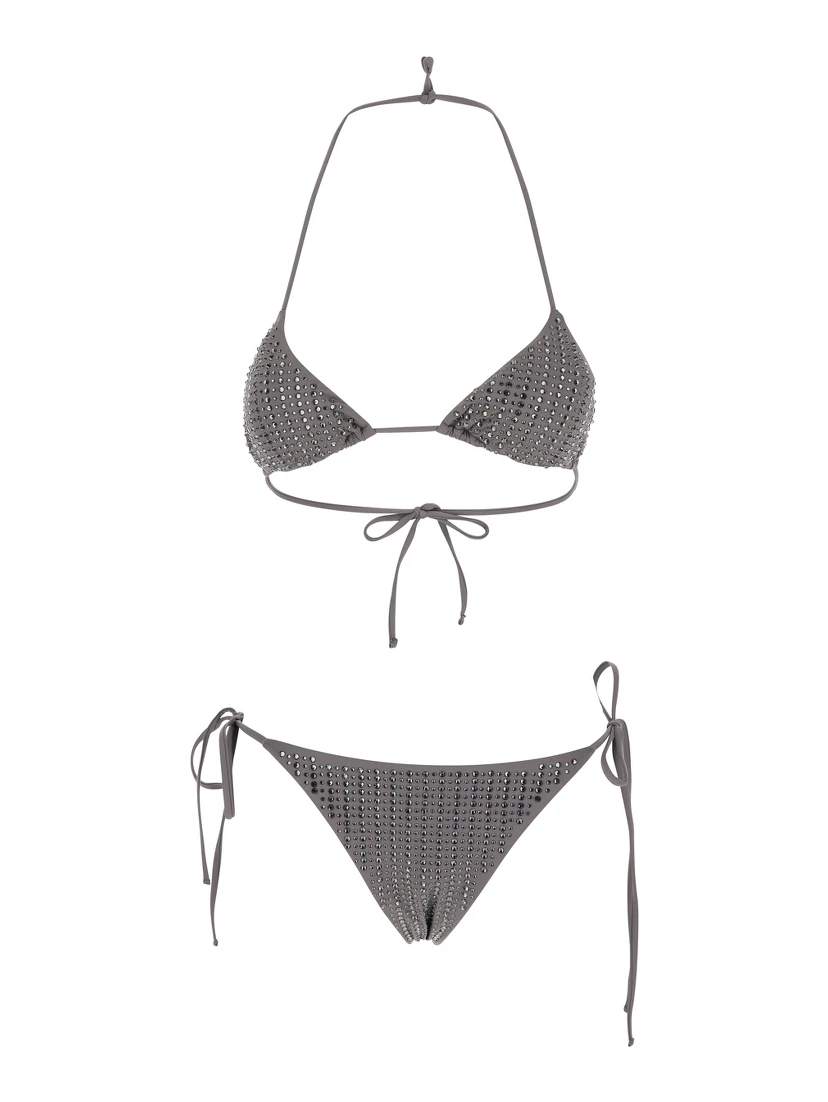 Grey Bikini with Triangle Design and All-Over Stud Decorations in Tech Fabric Womsn