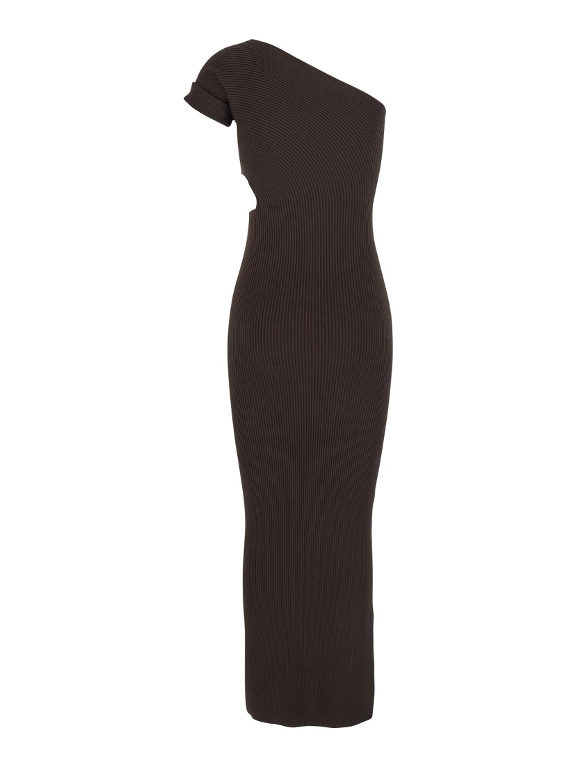 Arda Brown Long Dress with Cut-Out and One-Shoulder Design in Viscose Blend Woman