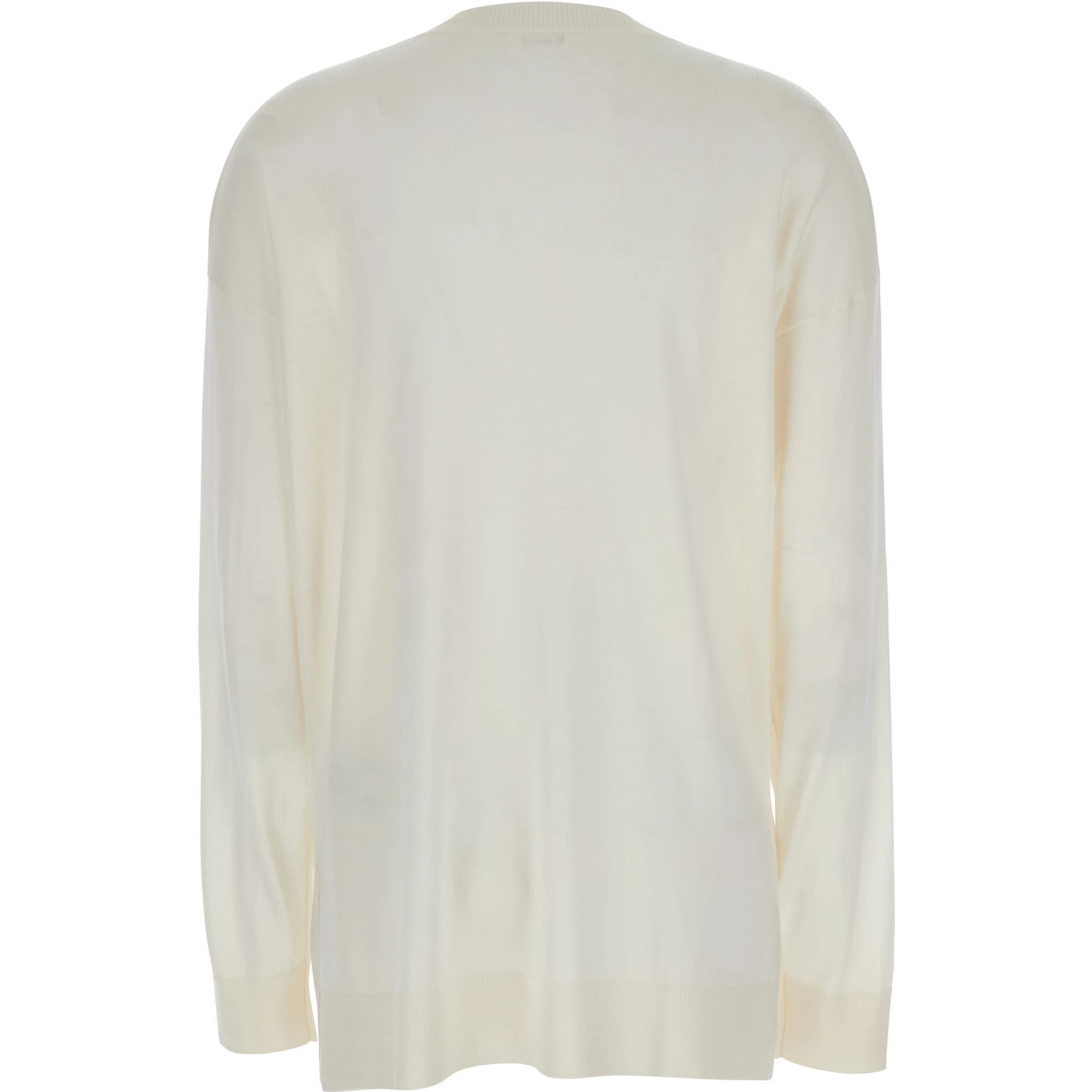 White Long-Sleeved Crewneck Sweater in Wool and Silk Blend Woman
