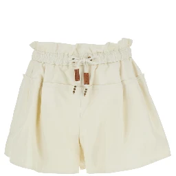 White Shorts with Layered Design and Drawstring on the Front in Cotton Blend Woman