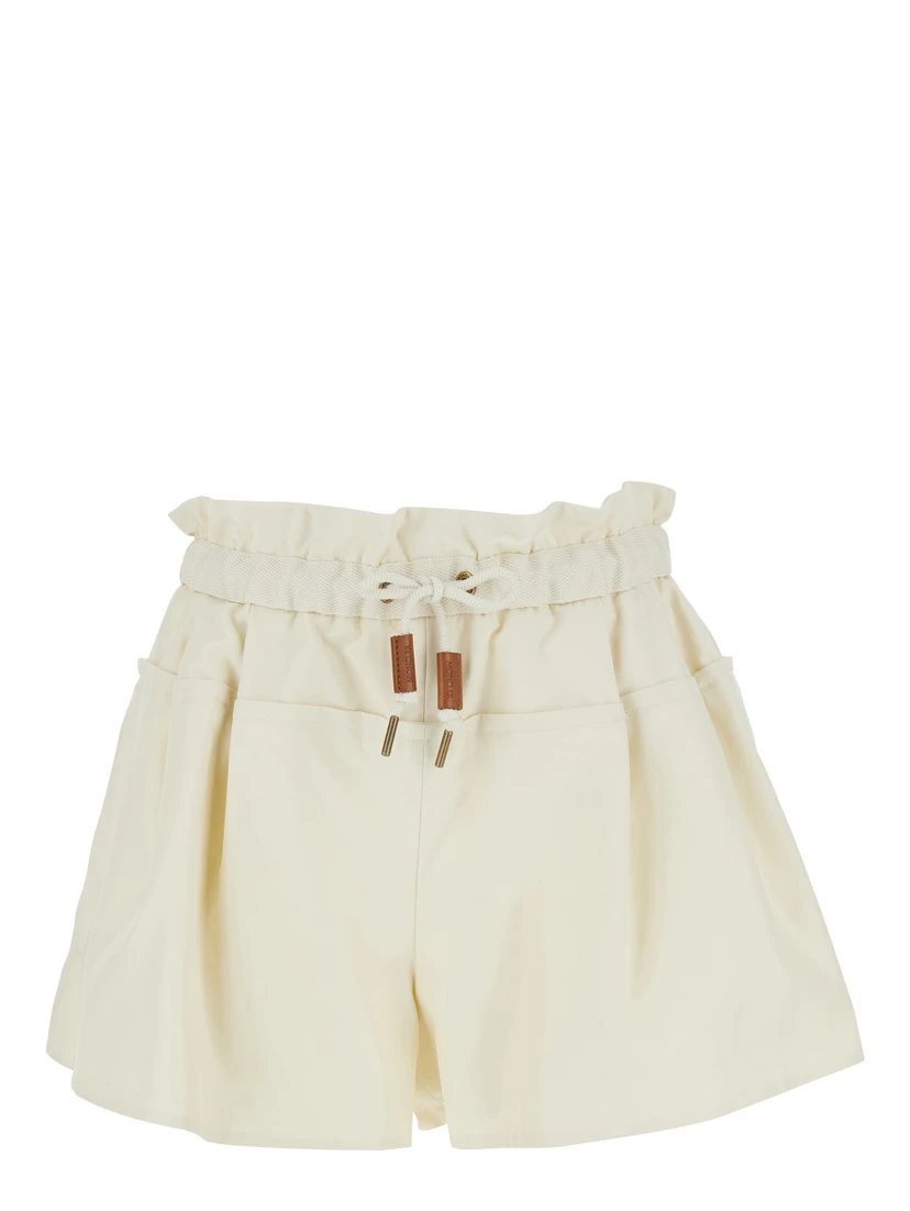 White Shorts with Layered Design and Drawstring on the Front in Cotton Blend Woman