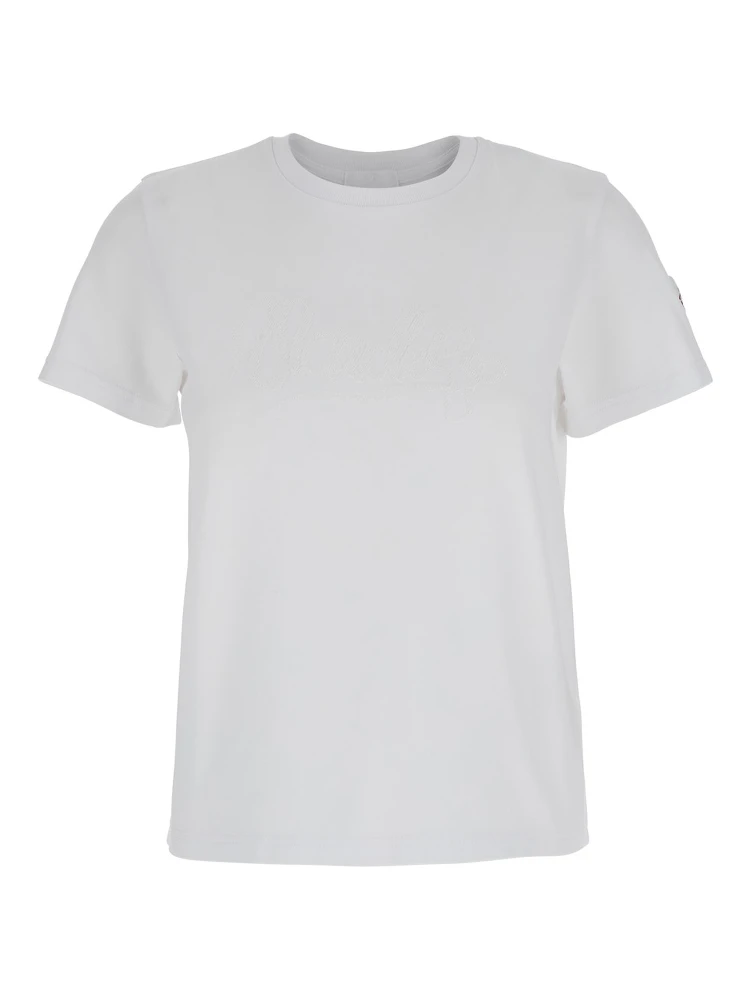 White T-Shirt with Logo Embroidered on the Sleeve in Cotton Woman