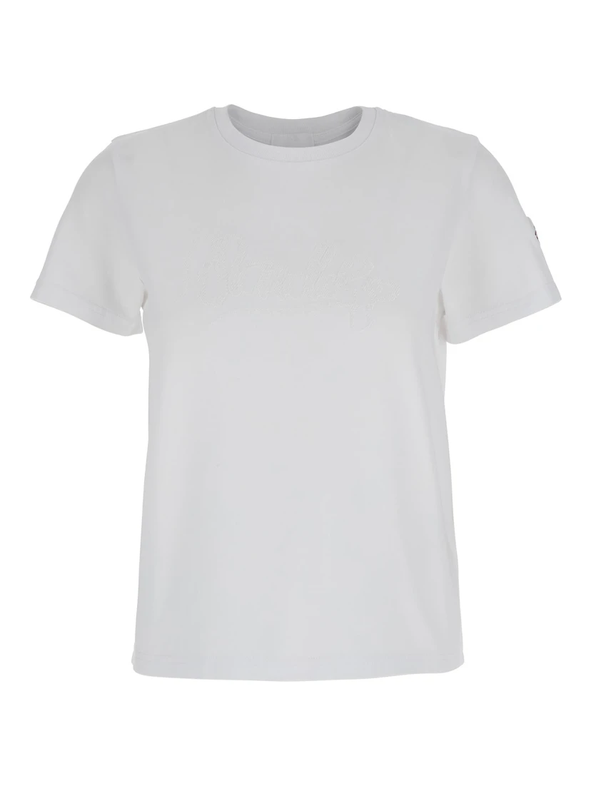 White T-Shirt with Logo Embroidered on the Sleeve in Cotton Woman