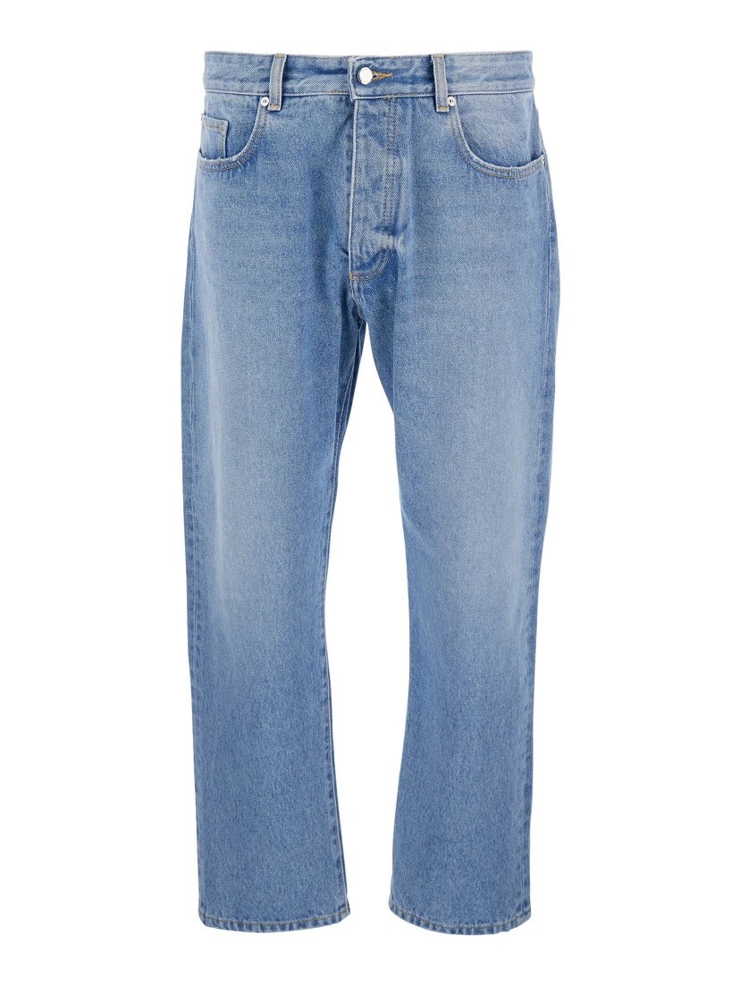 Light Blue Jeans with Logo Patch on the Rear in Denim Man