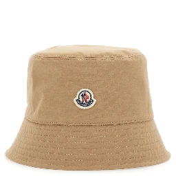 Beige Bucket Hat with Dropped Wide Brim and Logo Patch on the Front in Cotton Blend Woman
