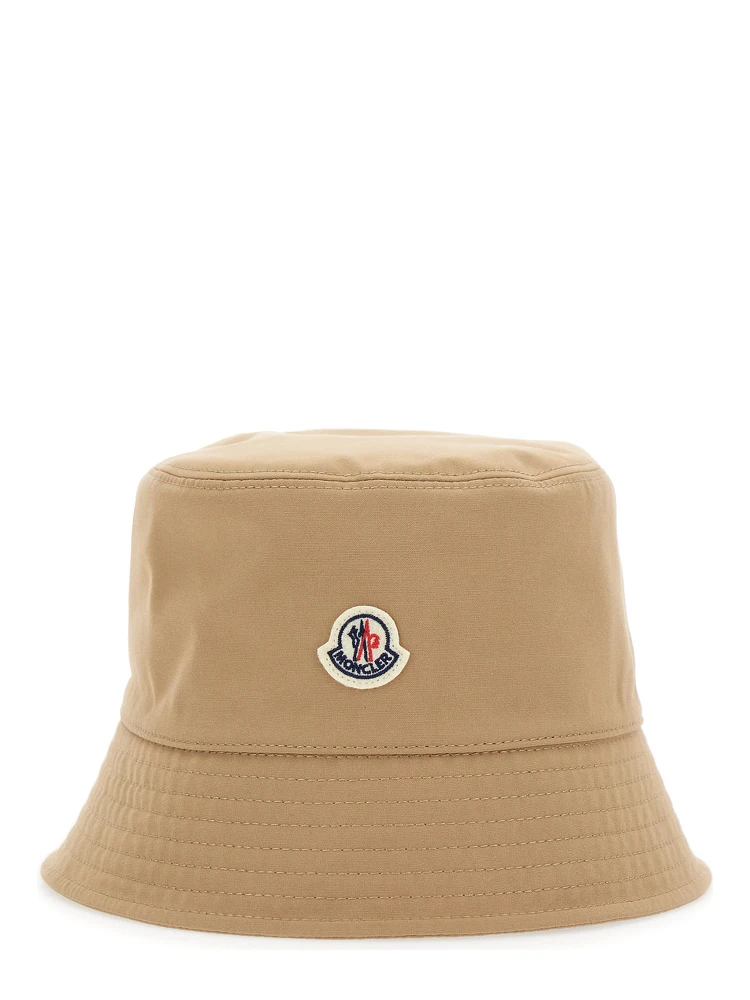 Beige Bucket Hat with Dropped Wide Brim and Logo Patch on the Front in Cotton Blend Woman