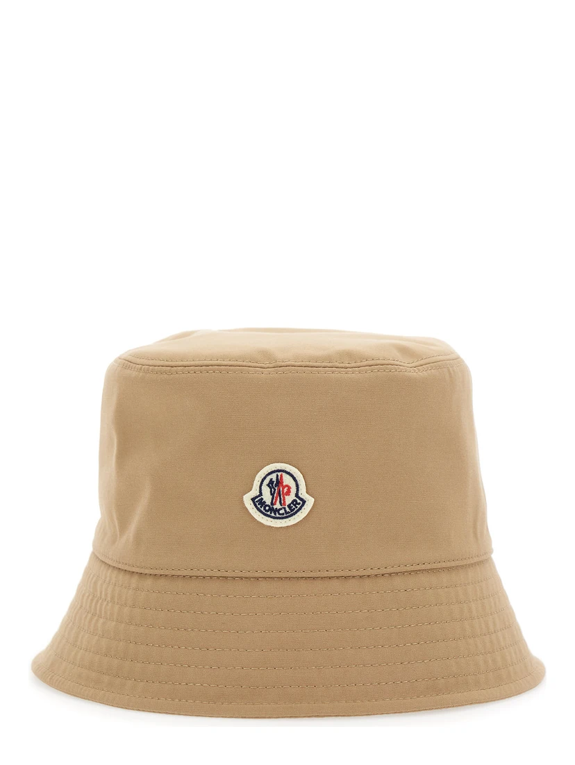 Beige Bucket Hat with Dropped Wide Brim and Logo Patch on the Front in Cotton Blend Woman