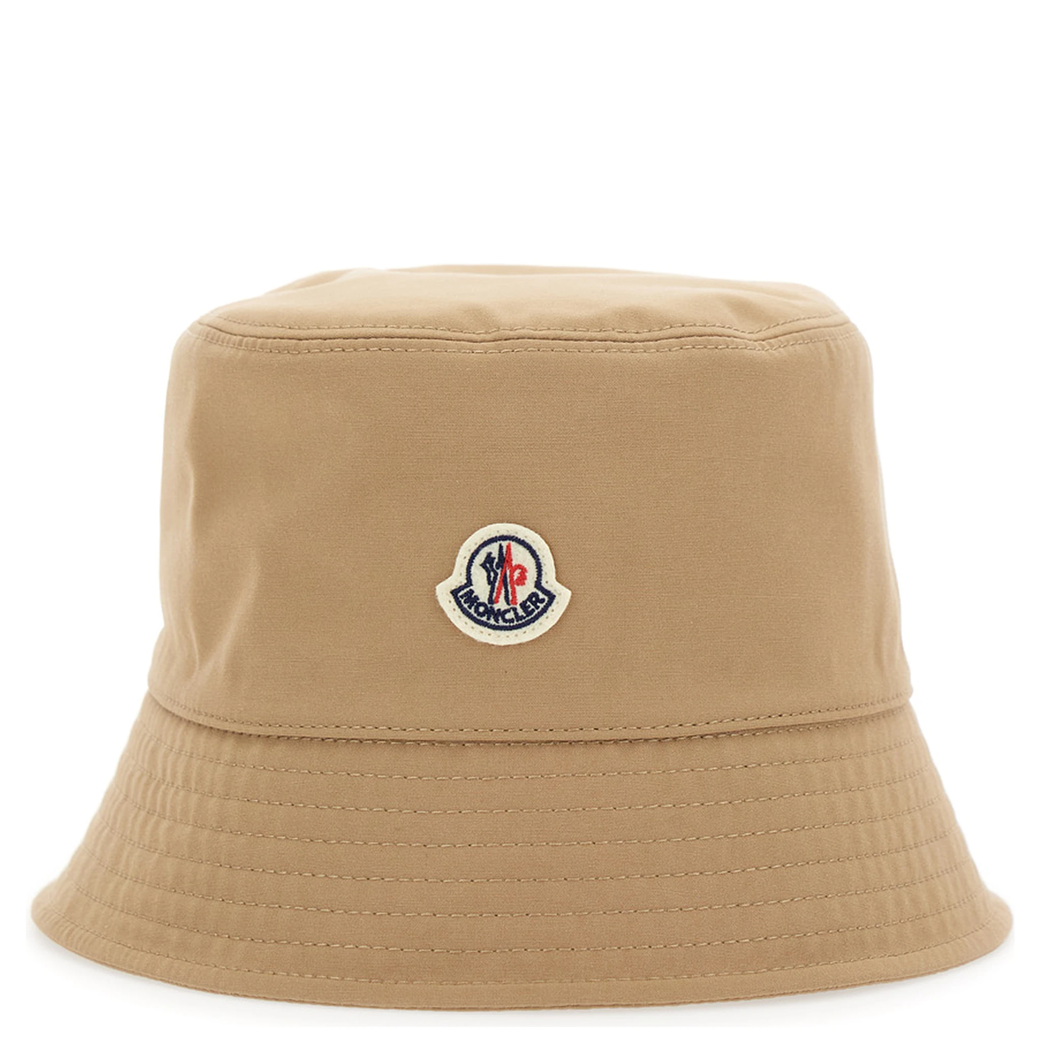 Beige Bucket Hat with Dropped Wide Brim and Logo Patch on the Front in Cotton Blend Woman
