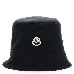 Black Bucket Hat with Dropped Wide Brim and Logo Patch on the Front in Cotton Blend Woman