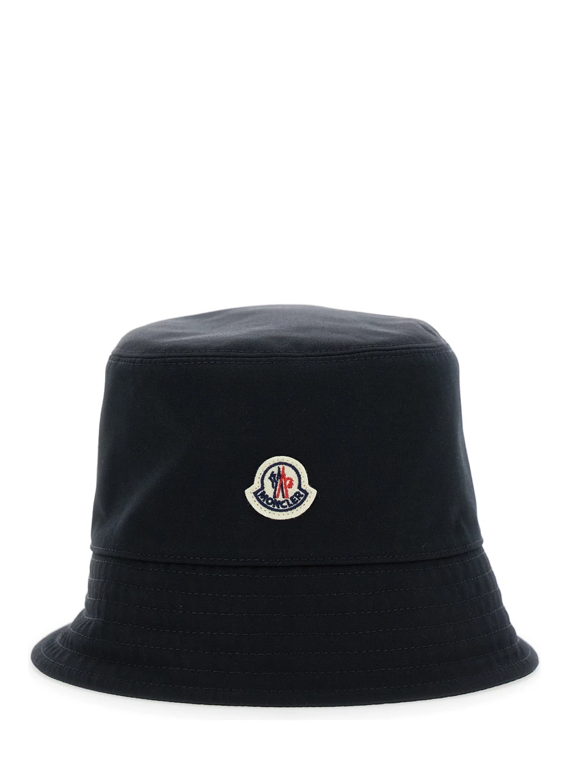 Black Bucket Hat with Dropped Wide Brim and Logo Patch on the Front in Cotton Blend Woman