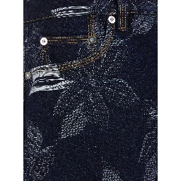 Blue Bermuda Shorts with All-Over Floral Embroidery and Logo Patch on the Back in Denim Man