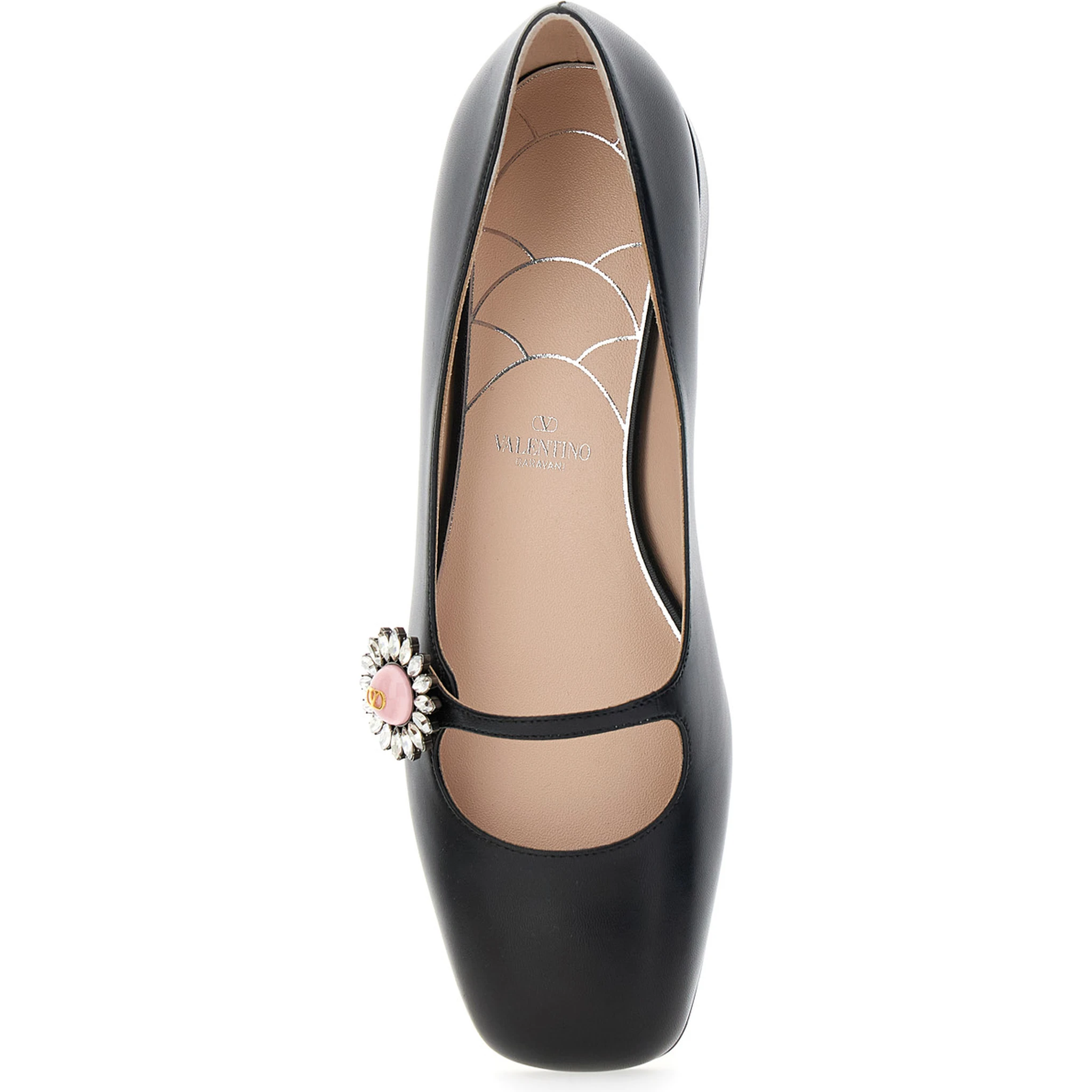 Black Ballet Shoes with Floral Detail with VLogo in Leather Woman