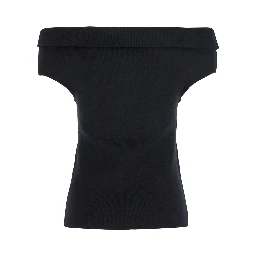 Black Off-Shoulder Double-Knit Top in Tech Fabric Woman