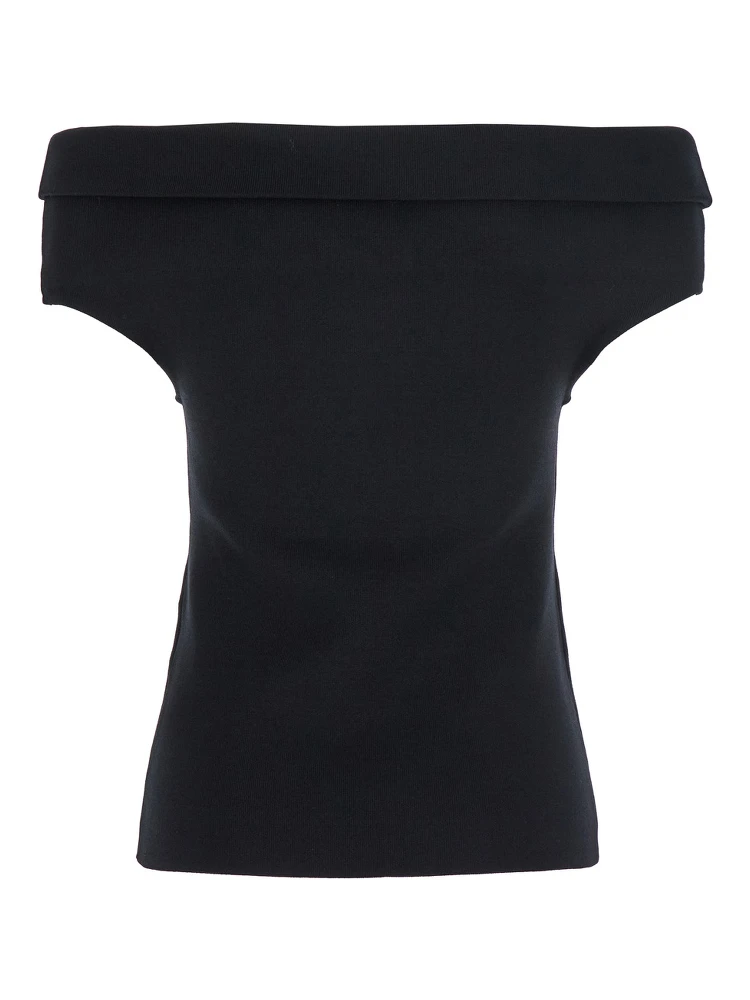 Black Off-Shoulder Double-Knit Top in Tech Fabric Woman alternative