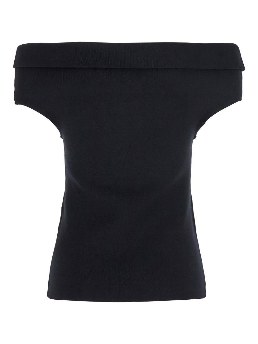 Black Off-Shoulder Double-Knit Top in Tech Fabric Woman