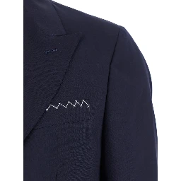 Blue Double-Breasted Jacket with Peak Revers and Embroidery Detail on the Front in Wool Man