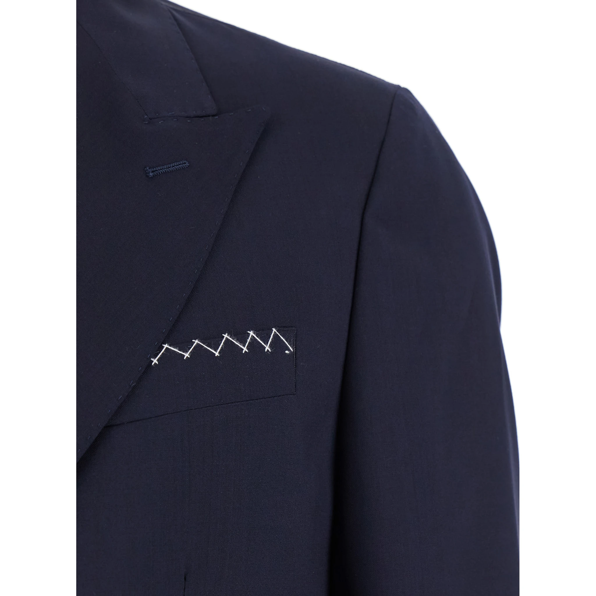 Blue Double-Breasted Jacket with Peak Revers and Embroidery Detail on the Front in Wool Man