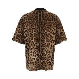 Brown T-Shirt with All-Over Leopard Motif in Cotton Man