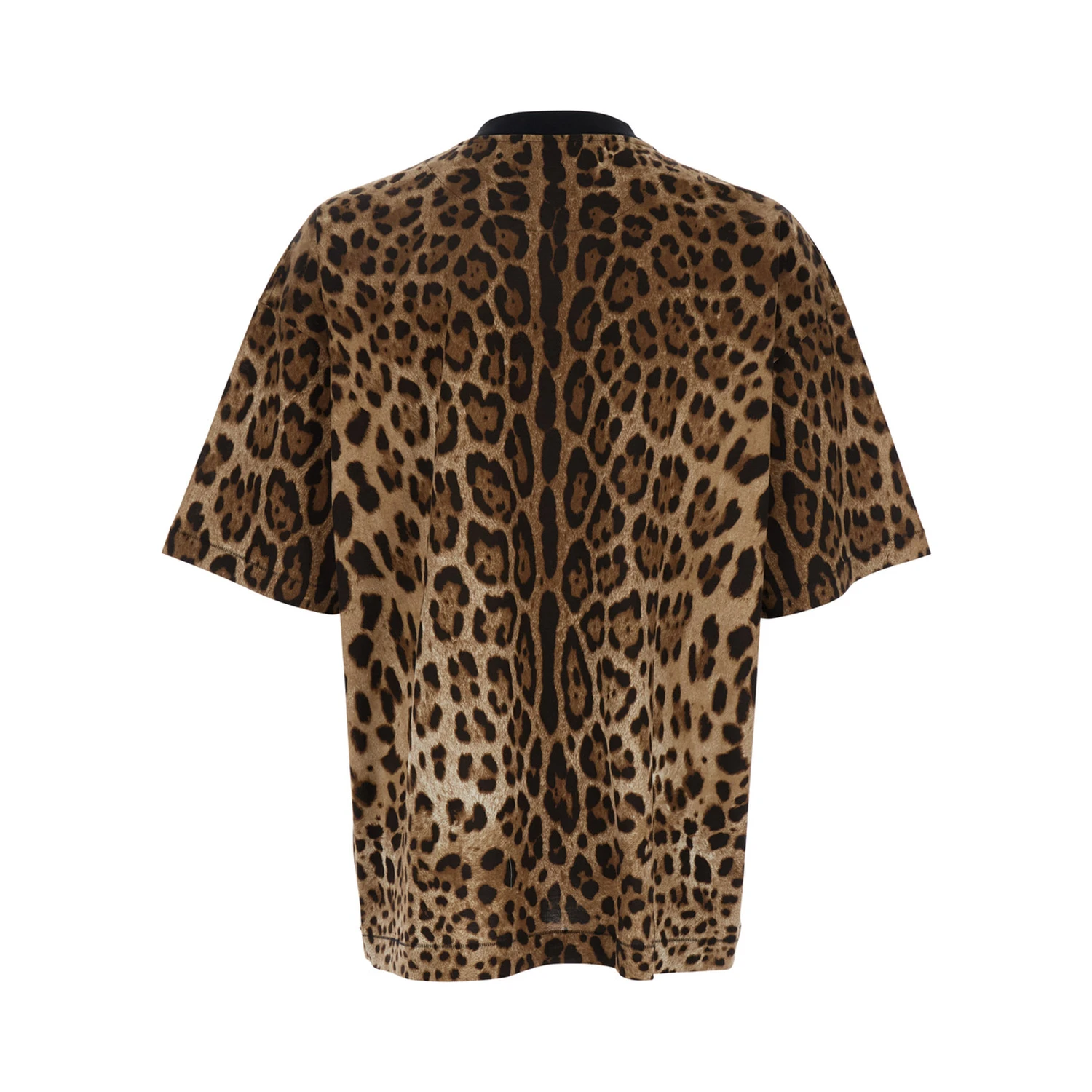 Brown T-Shirt with All-Over Leopard Motif in Cotton Man