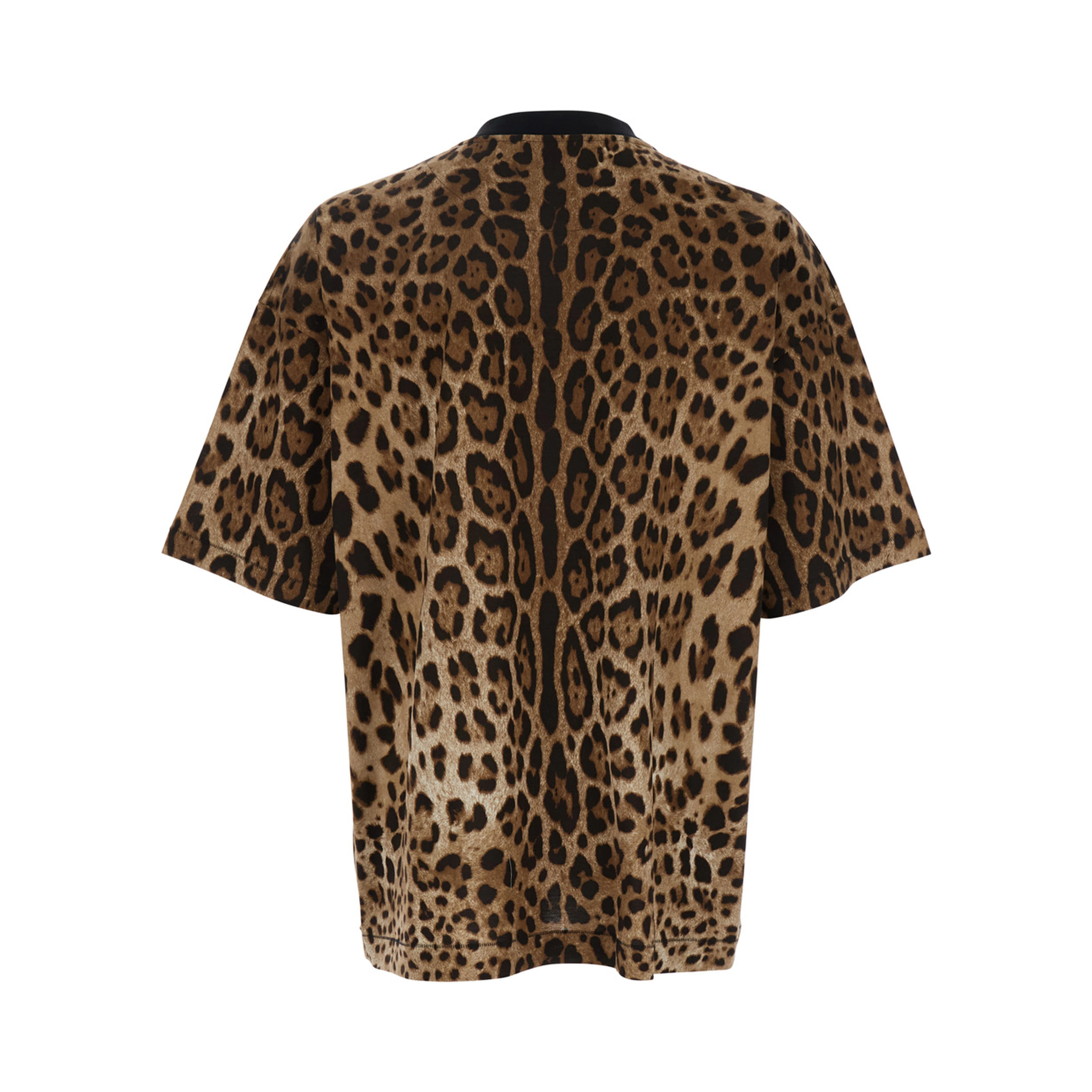 Brown T-Shirt with All-Over Leopard Motif in Cotton Man