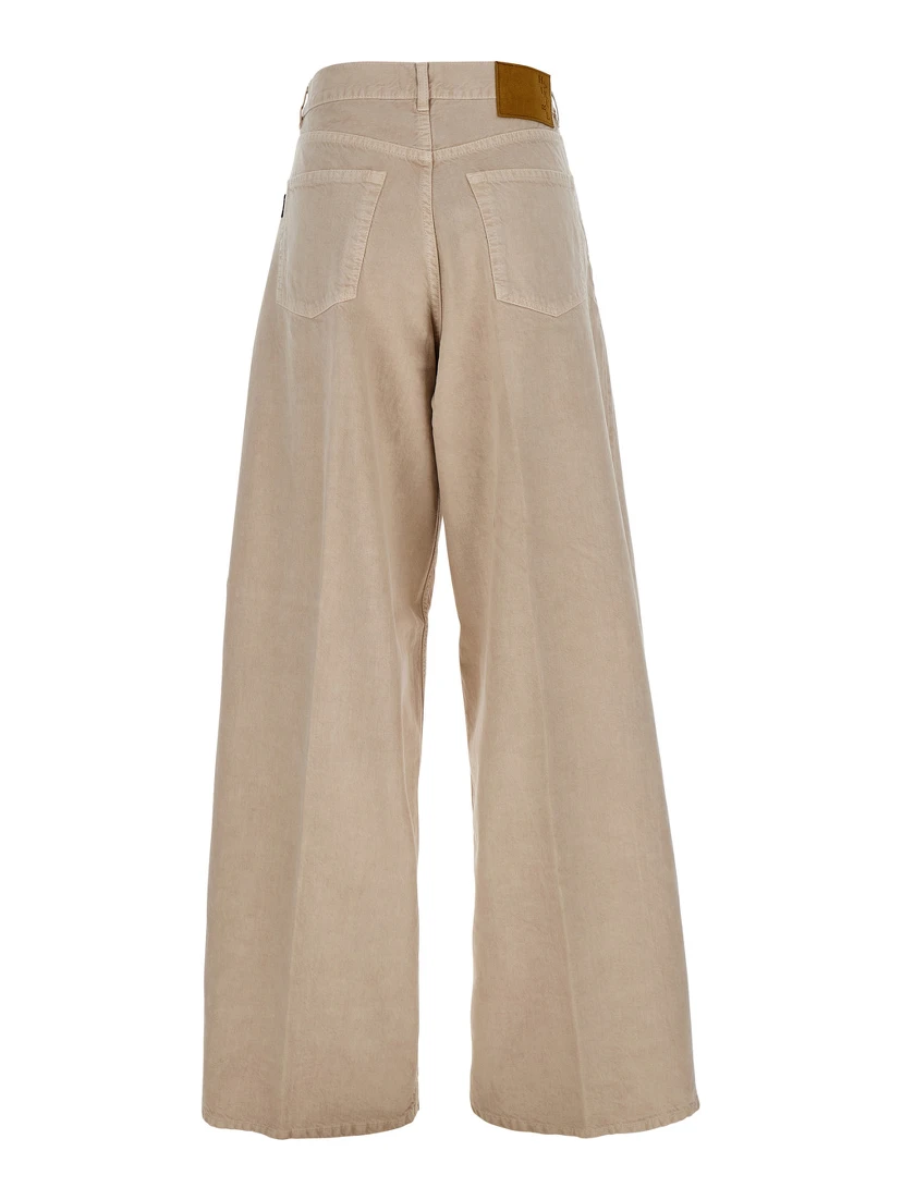 Beige Five Pocket Jeans with Logo Patch on the Back in Cotton Woman