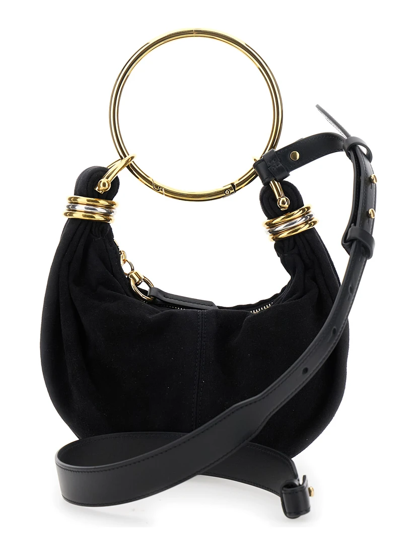 Small Bracelet Black Handbag with Ring Handle and Lettering Logo in Suede Woman