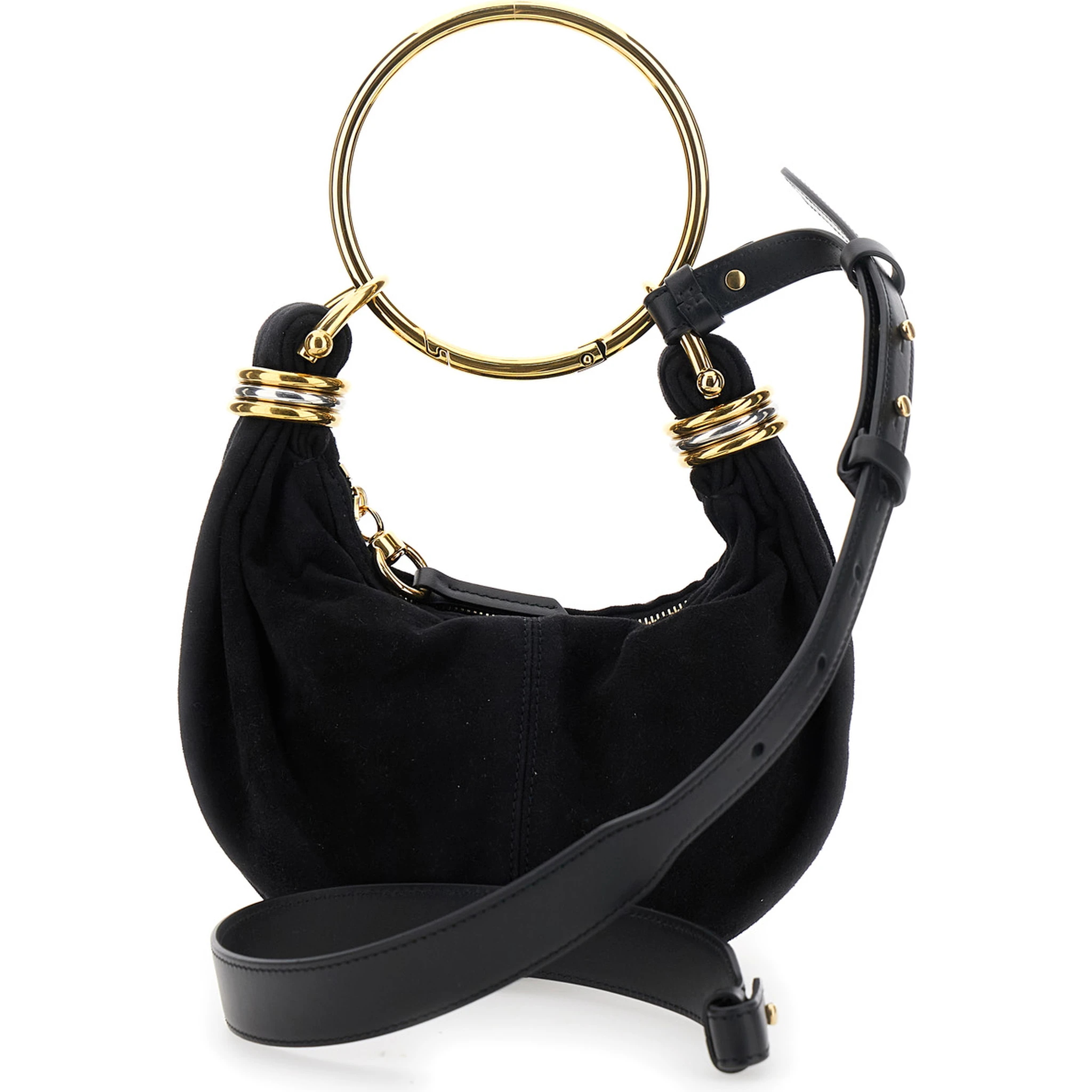 Small Bracelet Black Handbag with Ring Handle and Lettering Logo in Suede Woman