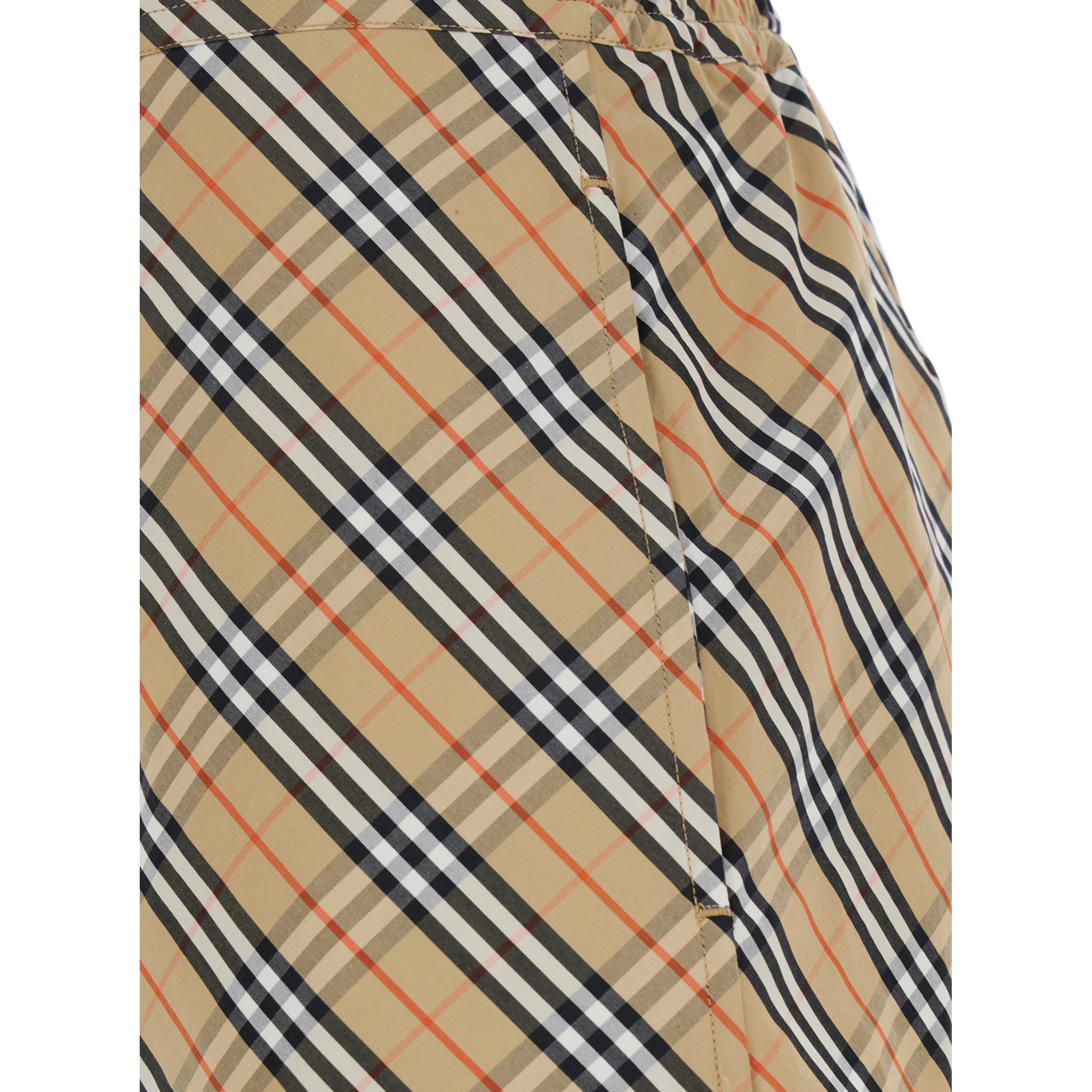 Beige Shorts with Elastic Drawstring Waist and All-Over Check Motif in Cotton Woman