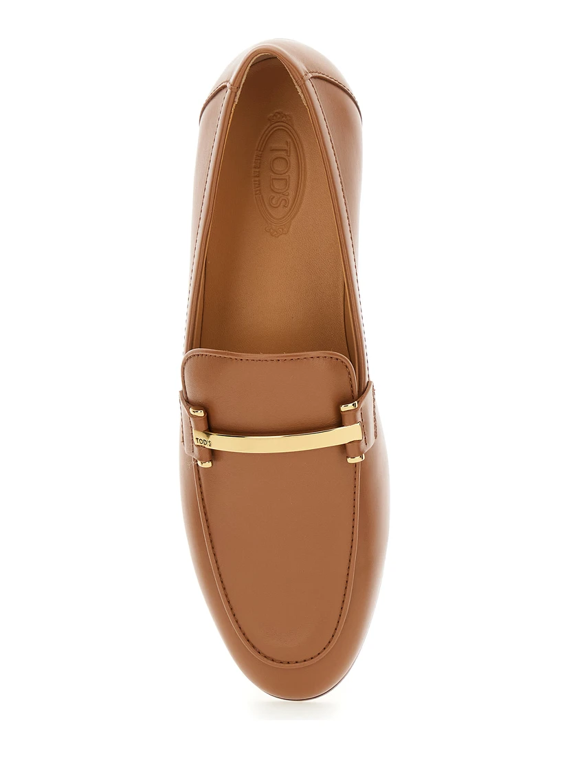 Brown Loafers with Logo Plaque in Leather Woman