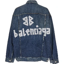 Blue Jacket with Classic Collar and Maxi Logo Print on the Rear in Denim Man