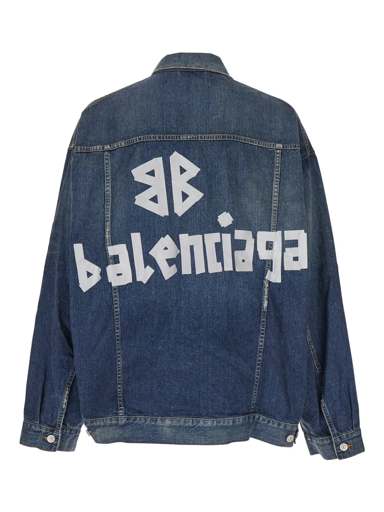 Blue Jacket with Classic Collar and Maxi Logo Print on the Rear in Denim Man alternative