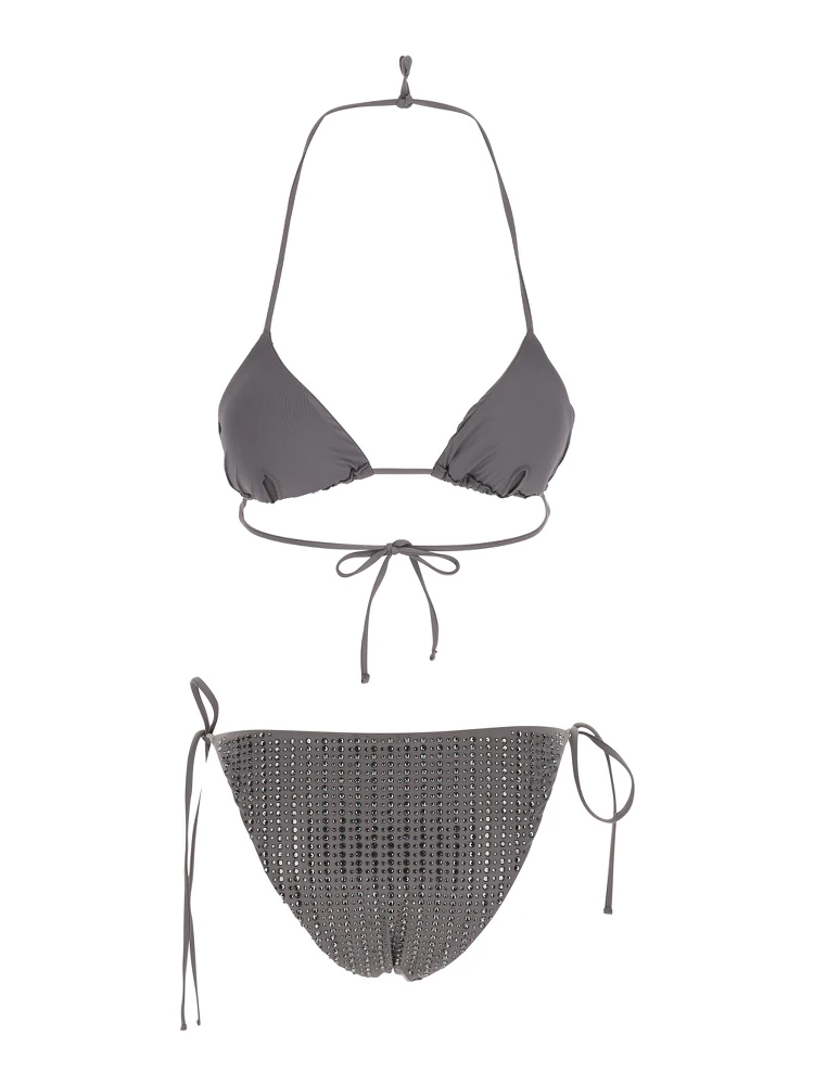 Grey Bikini with Triangle Design and All-Over Stud Decorations in Tech Fabric Womsn alternative