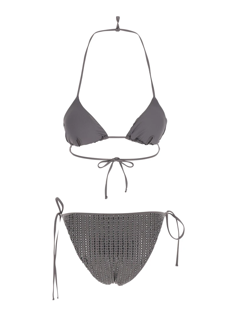 Grey Bikini with Triangle Design and All-Over Stud Decorations in Tech Fabric Womsn
