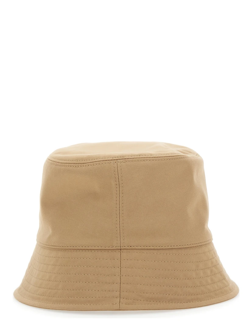 Beige Bucket Hat with Dropped Wide Brim and Logo Patch on the Front in Cotton Blend Woman