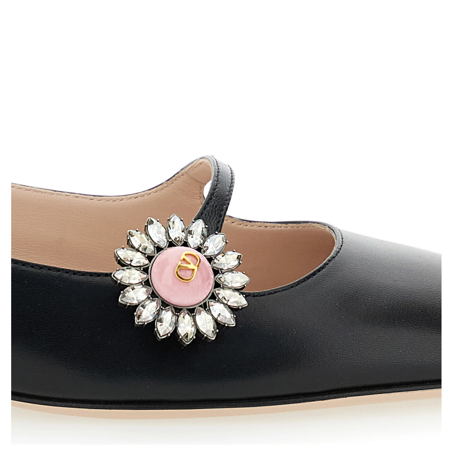 Black Ballet Shoes with Floral Detail with VLogo in Leather Woman