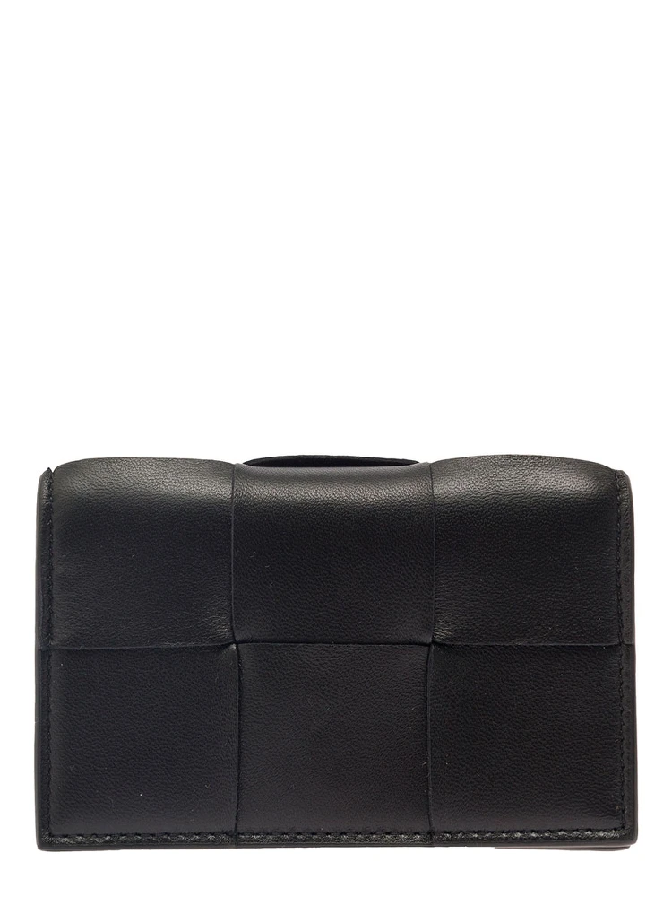 Cassette Black Business Card Case in Intreccio Leather Woman