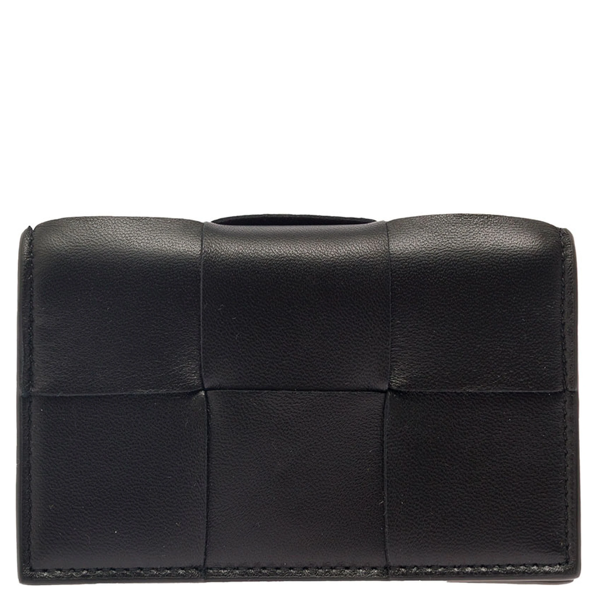 Cassette Black Business Card Case in Intreccio Leather Woman