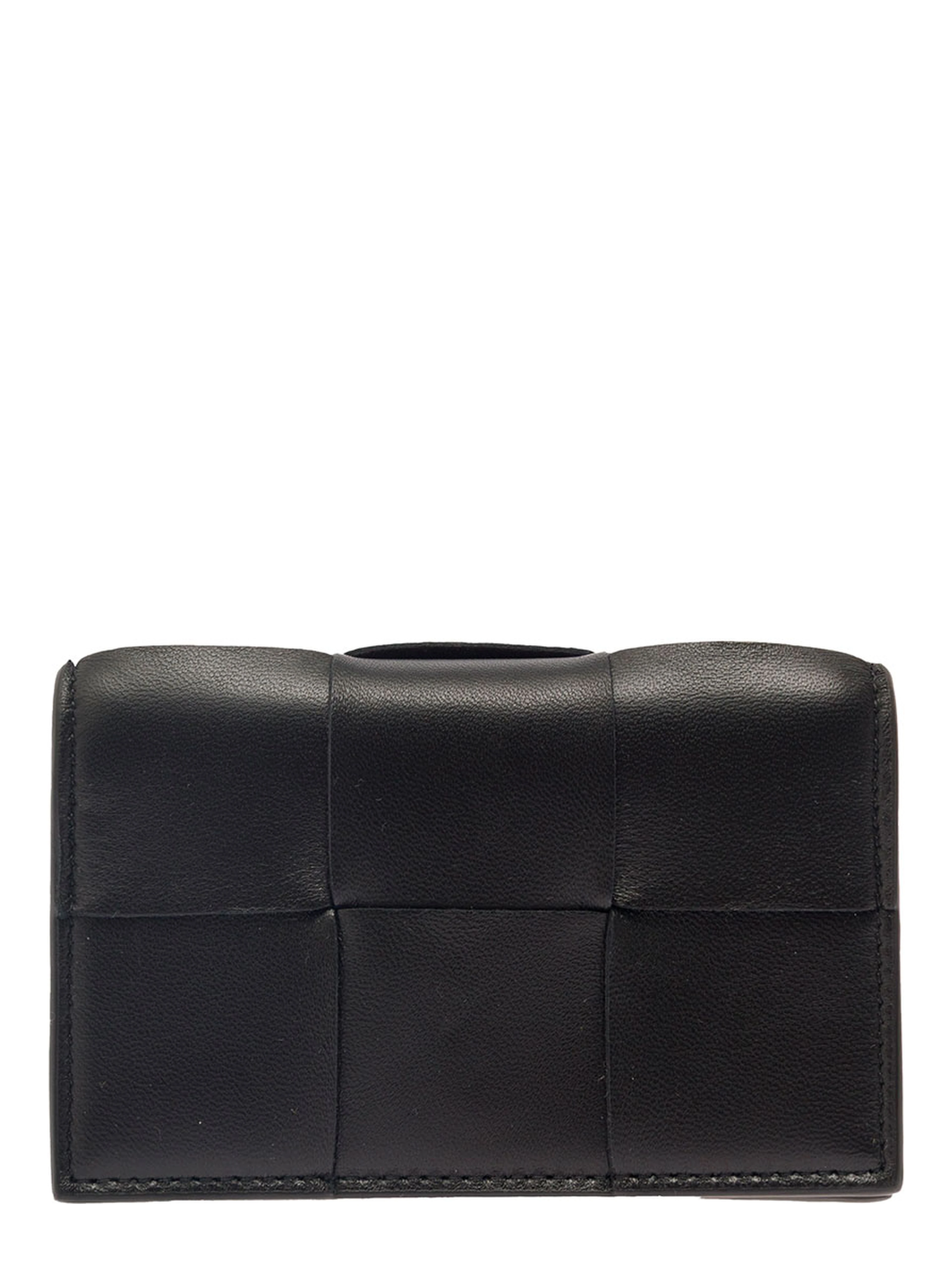 Cassette Black Business Card Case in Intreccio Leather Woman