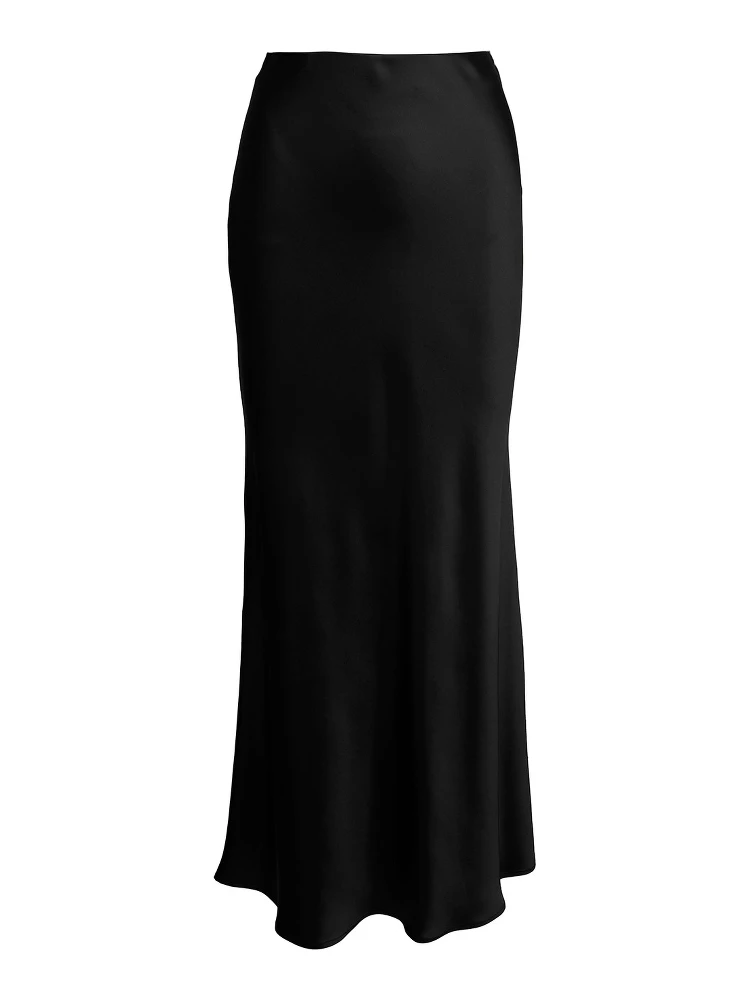 Black Midi Skirt with Volant Detail at the End in Satin Woman