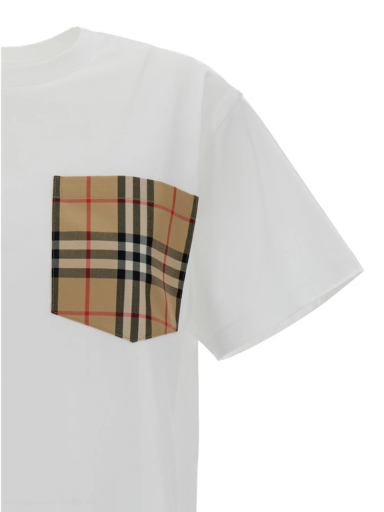 White Crewneck T-Shirt with Check Pocket in Cotton Woman